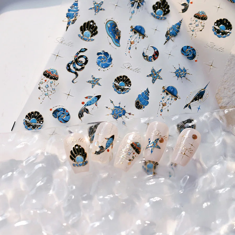 Blue Butterfly Planet Star Conch Snake Shell Clam Pearl Whale Jellyfish Moon Adhesive Nail Art Stickers Dreamy Manicure Decals (Online Order Only)