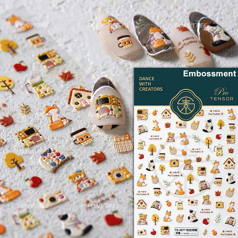 Squirrel Mushroom Apple Strawberry Cherry Pinecone Ginkgo Leaf Self Adhesive Nail Art Stickers Butterfly Flower Manicure Decals (ONLINE ORDER ONLY)