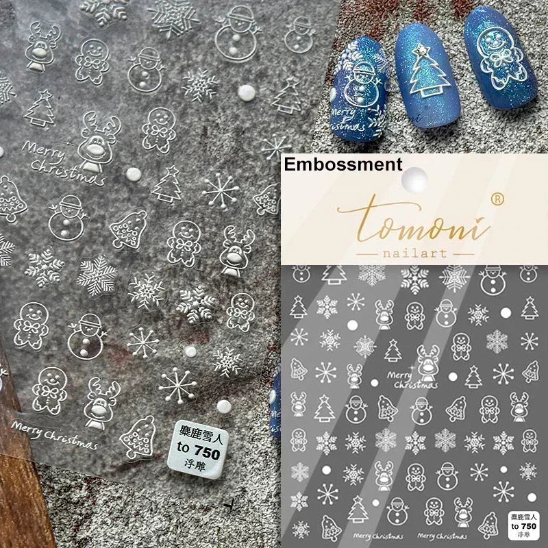 Black White Christmas Tree Snowflake Bowknot Snowman Socks Star Santa Hat Deer Rhinestone Winter Nail Art Sticker Manicure Decal (Online Order Only)