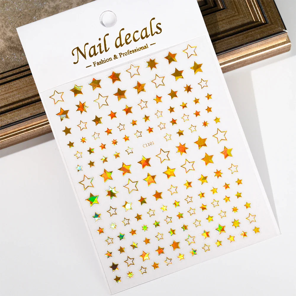 1 Sheet Star Nail Art Stickers 3d Self Adhesive Nail Decals Black White Golden Silver Color Star Design Nail Supplies Accessory (ONLINE ORDER ONLY)