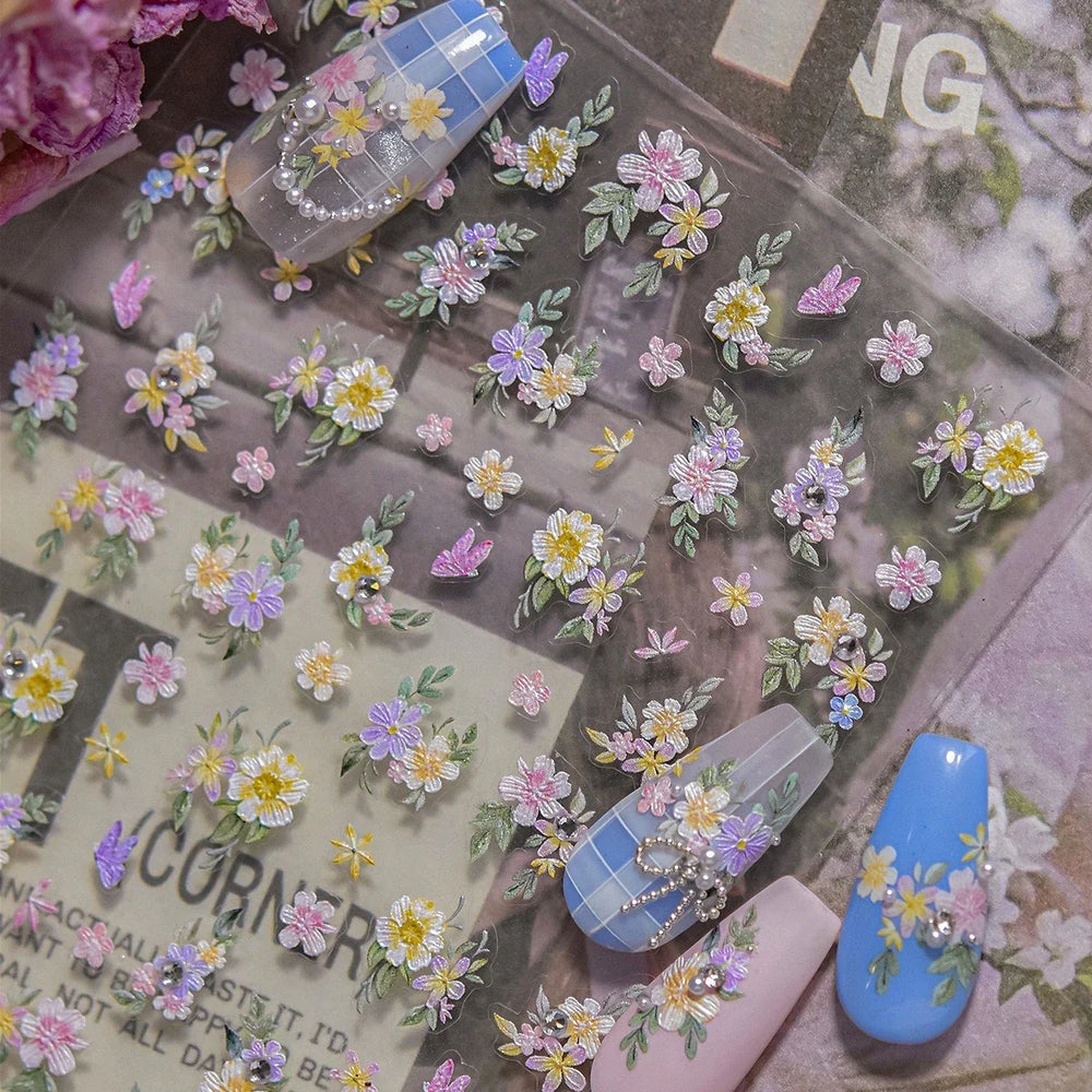 Flower Garden Purple Yellow Pink Daisy Butterfly Delicate 5D Soft Relief Adhesive Nail Art Decoration Sticker 3D Manicure Decals (ONLINE ORDER ONLY)