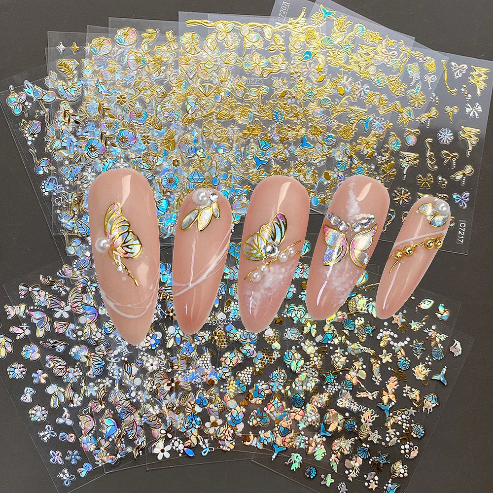20pcs Laser Shining Aurora Shell Butterfly Nail Stickers 5D Nail Art Design Decals DIY Manicure Y2K Bronzing Stickers For Nails* (ONLINE ORDER ONLY)
