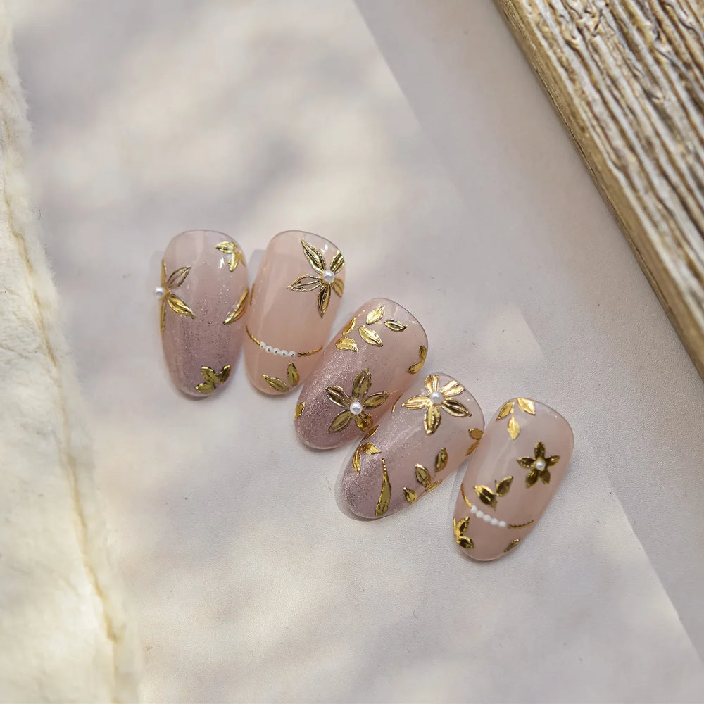 Gold Hot Stamping Flowers Leaves 3D 5D Pearl Bead Delicate Self Adhesive Nail Art Decorations Stickers Manicure Decals Wholesale (Online Order Only)