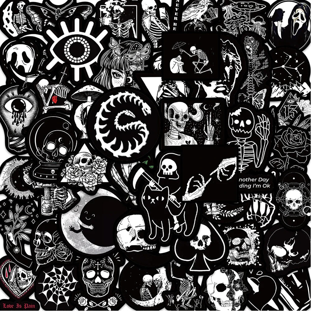 Gothic Horror Stickers: Black & White Graffiti Decals for Phone, Motorcycle, Suitcase, Notebook (Online Order Only)