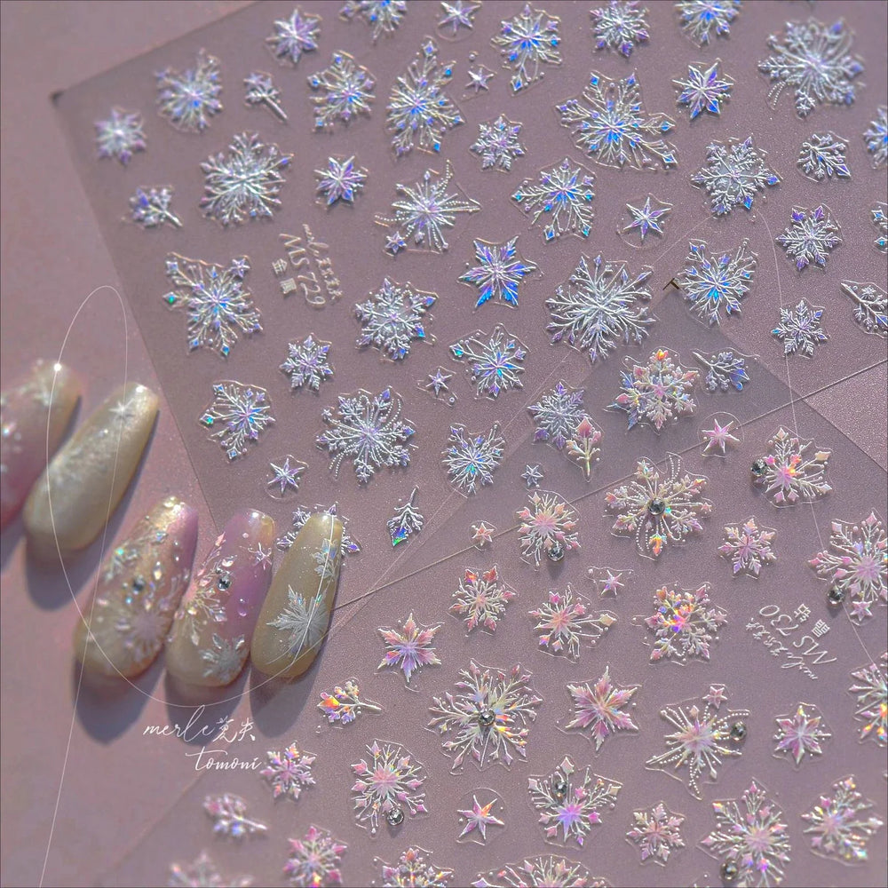 Flying Snowflakes Cold Winter Geometric Hexagon Star Romantic Adhesive Nail Art Stickers Embossment Rhinestone Manicure Decals (ONLINE ORDER ONLY)
