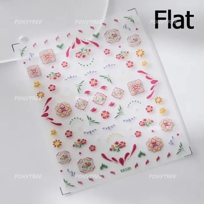 Pink Blue Yellow Embroidery Totems Geometric Floral Pattern Flower 5D Embossed Nail Art Stickers Bohemian Style Manicure Decals (ONLINE ORDER ONLY)