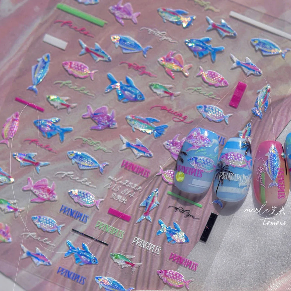 Colorful Shoal of Fish Whale Ocean Shell Conch Starfish Summer Sea Jellyfish Bubble Nail Art Decoration Sticker Manicure Decals (ONLINE ORDER ONLY)