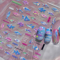 Colorful Shoal of Fish Whale Ocean Shell Conch Starfish Summer Sea Jellyfish Bubble Nail Art Decoration Sticker Manicure Decals (ONLINE ORDER ONLY)