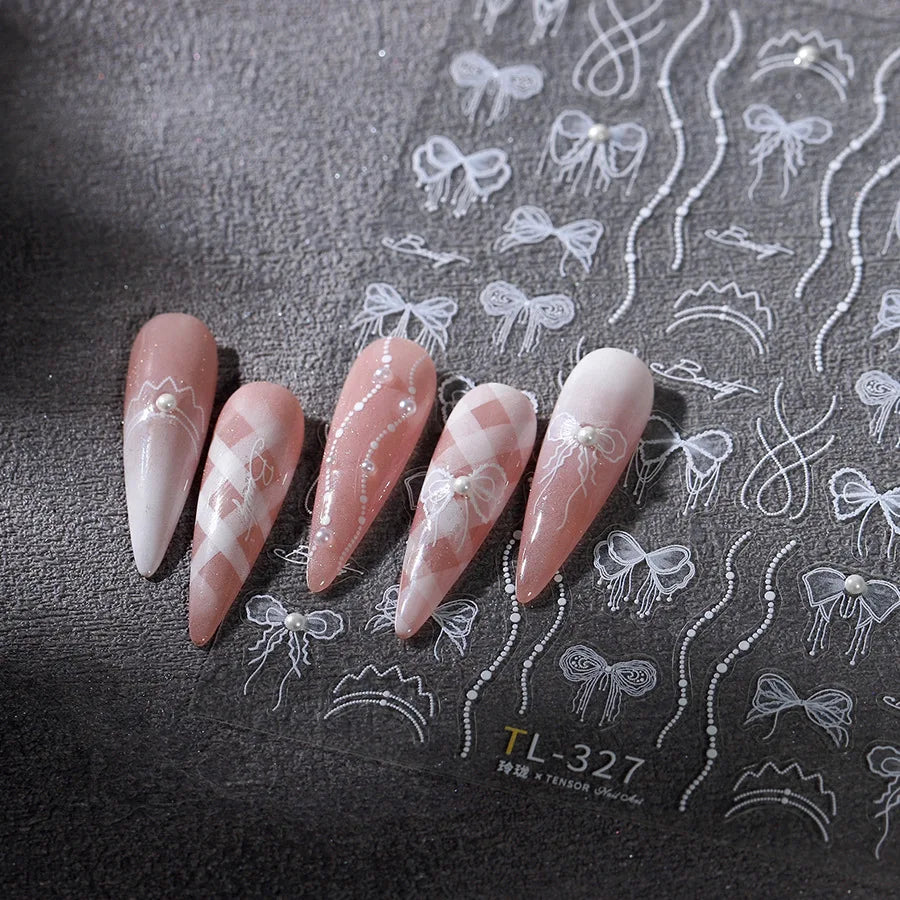 White Pearl Various Bowknot Line Tassel Tender Ribbon Arc Charming Self Adhesive Nail Art Decorations Stickers Manicure Decals (ONLINE ORDER ONLY)