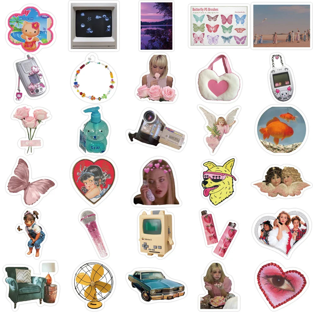 65pcs Retro Millennium Girls Kawaii Stickers Funny Cute Style Decals For Girls Suitcase Phone Guitar Stickers Kids Toys (ONLINE ORDER ONLY)
