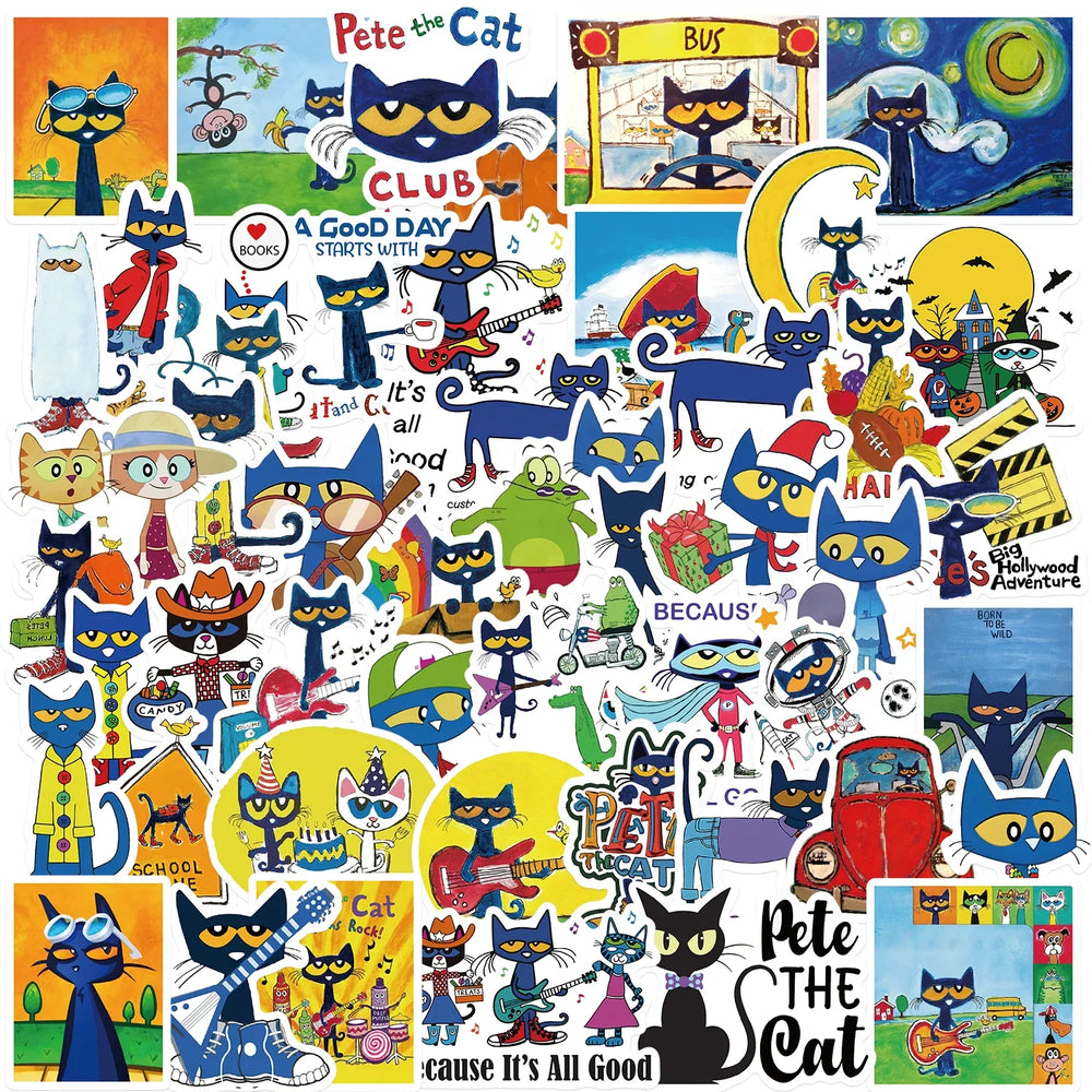 50PCS Kawaii Cute Pete The Cat Sticker Funny Cartoon Stickers For Decorative Scrapbook DIY Child Phone Stationery Supply for Kid (ONLINE ORDER ONLY)