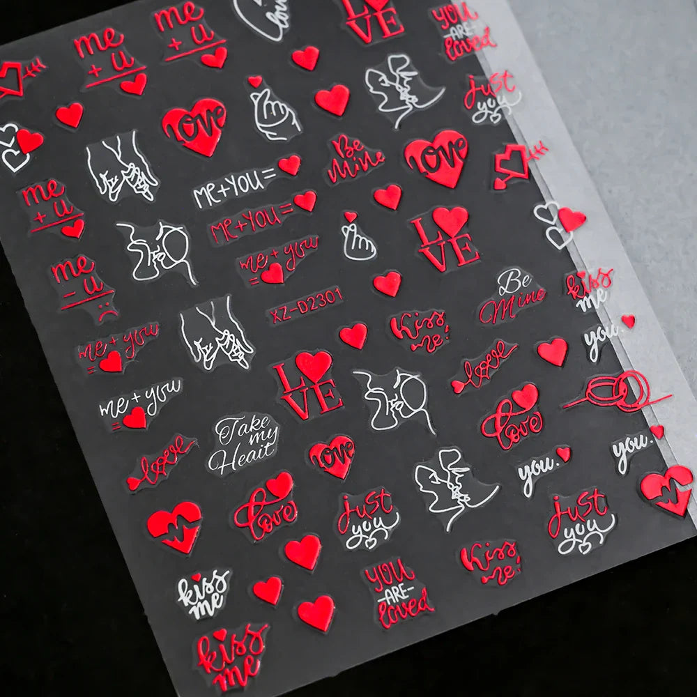 12 Sheets Valentines Nail Stickers Red Heart Nail Art Sticker Decal Solid Hollow Heart 3D Self-Adhesive Design Nail Art Supplies (ONLINE ORDER ONLY)