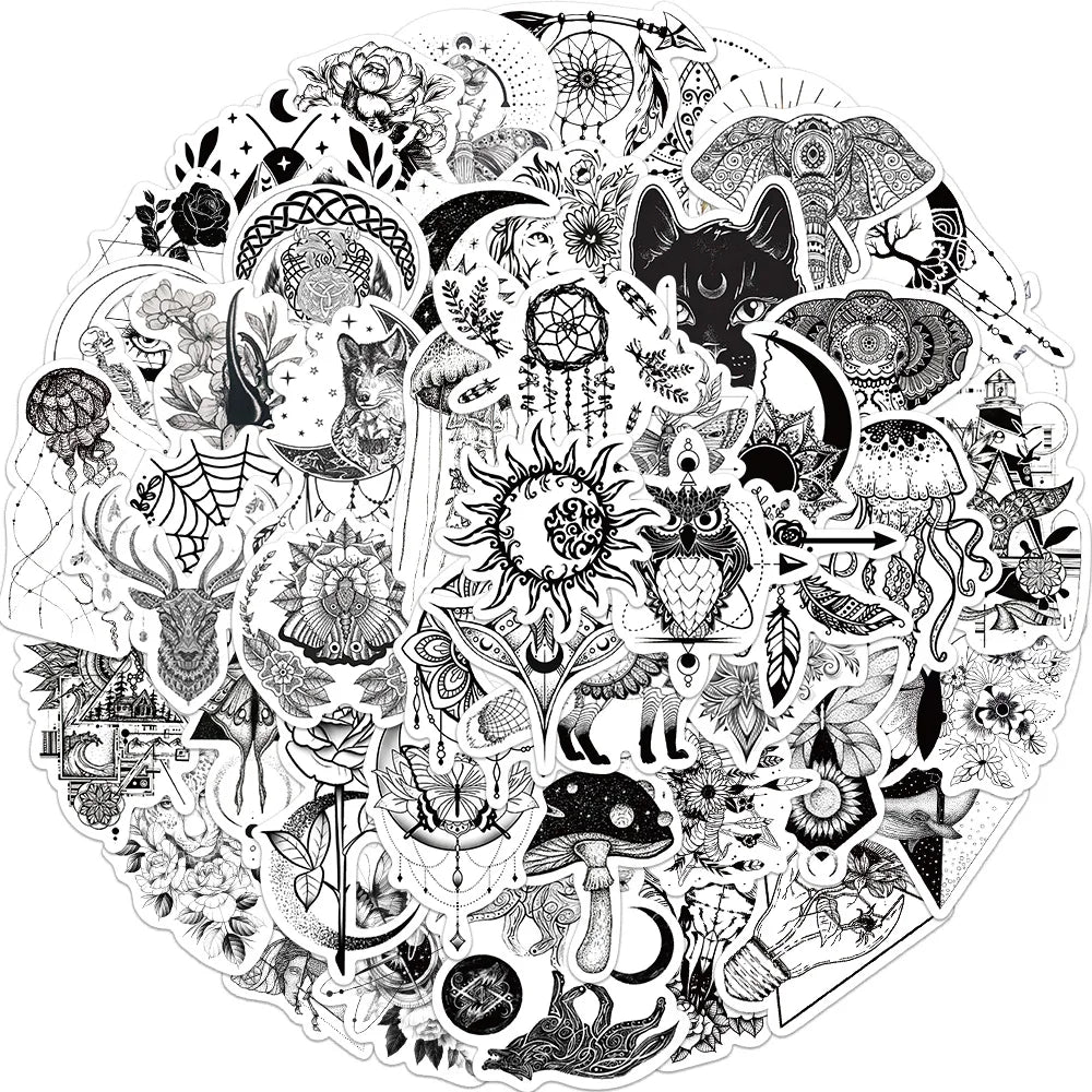50PCS Black And White Gothic Sticker Art Vintage Classic Suitcase Scrapbook Helmet Laptop Waterproof Gift Cool Toys Decal (ONLINE ORDER ONLY)