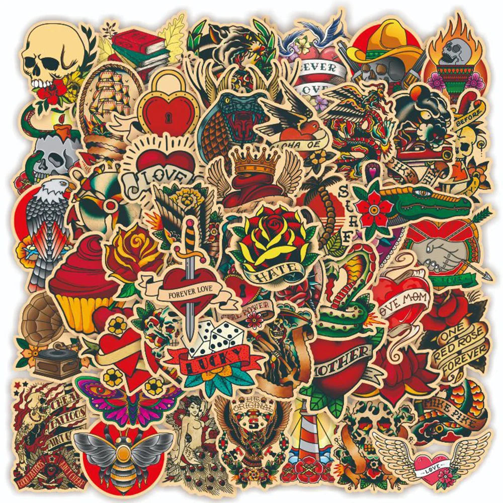Retro Tattoo Style Cartoon Stickers - 10/30/50/100PCS for Laptop, Luggage, Snowboard, Graffiti Decals (ONLINE ORDER ONLY)