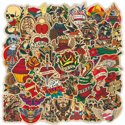 Retro Tattoo Style Cartoon Stickers - 10/30/50/100PCS for Laptop, Luggage, Snowboard, Graffiti Decals (ONLINE ORDER ONLY)