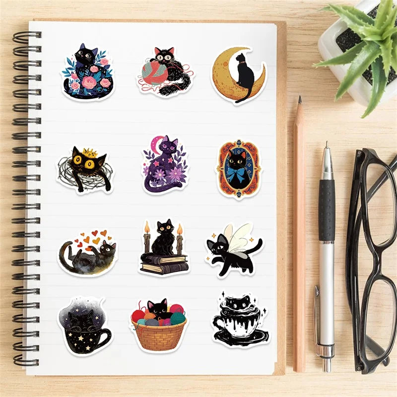 10/30/50PCS Cartoon Black Star Cat PVC Sticky Sticker Aesthetic DIY Stationery Decoration Scrapbooking School Supplies for Kids (ONLINE ORDER ONLY)