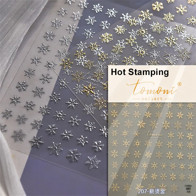 Hot Stamping Romantic White Gold Snowflakes Hexagon Winter 3D Self Adhesive Nail Art Stickers Shiny Rhinestone Manicure Decals (Online Order Only)