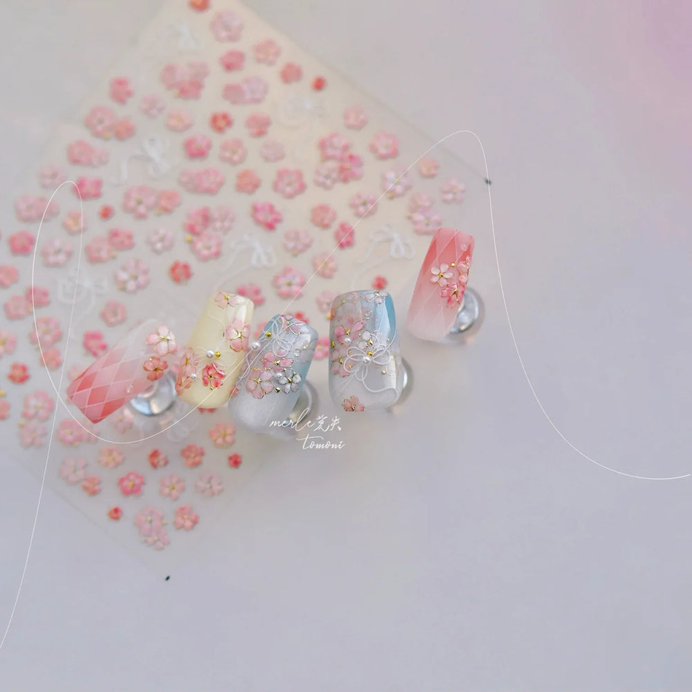 Peach Blossom Gradual Pink Petal Flower Line Bowknot Hot Stamping Halo Dyeing Delicate Adhesive Nail Art Sticker Manicure Decals (ONLINE ORDER ONLY)