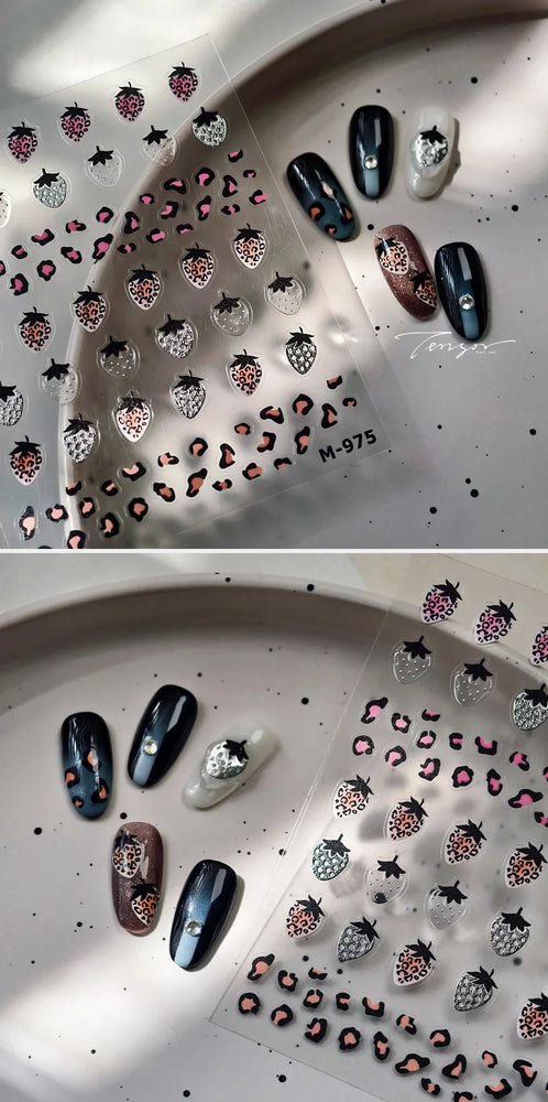 Pink Transparent Strawberry Leopard Print Metal Silver Fruit Lovely Self Adhesive Nail Art Stickers 5D Manicure Decals Wholesale (ONLINE ORDER ONLY)