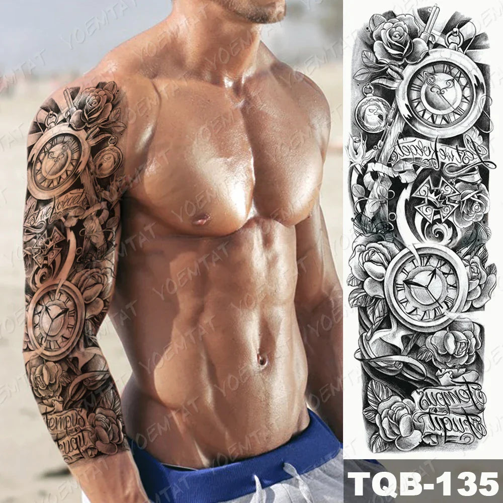 Large Full Arm Sleeve Waterproof Temporary Tattoo Sticker Clock Rose Flower Gothic Text Carp Totem Fake Tatoo Body Art Men Women (ONLINE ORDER ONLY)