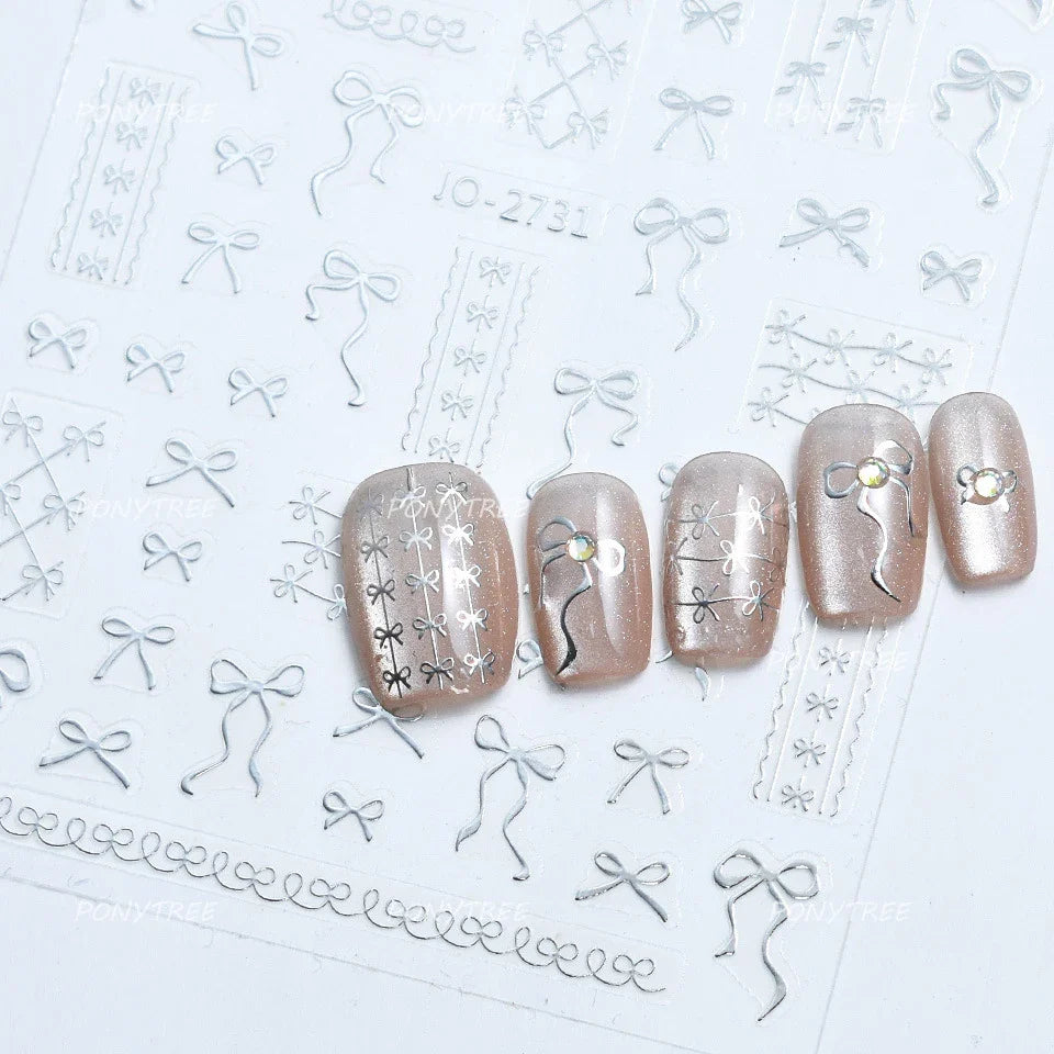 Gold Silver White Black Pink Blue Bowknot Ribbon Flat 3D Line Gird Strap Tie Elegant Charming Nail Art Stickers Manicure Decals (ONLINE ORDER ONLY)