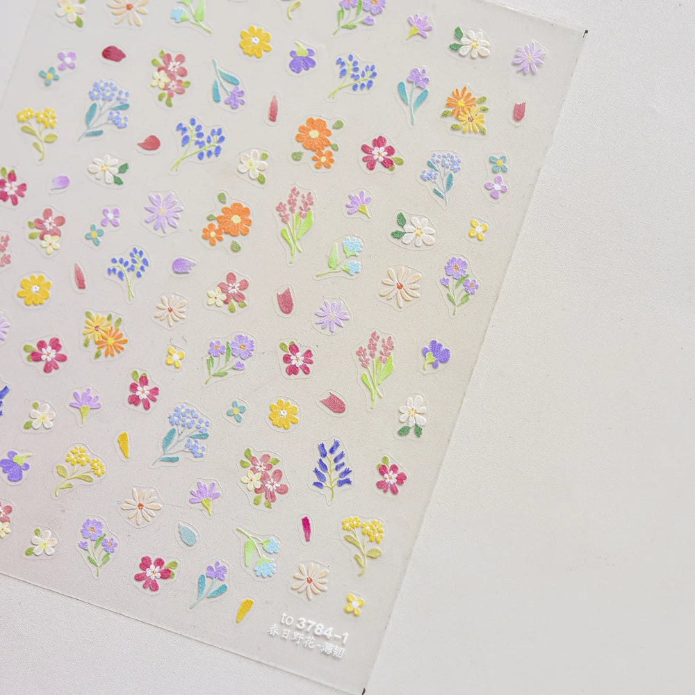 Chic Wild Flower Oil Painting Small Variegated Daisy Peach Blossom Lavender Petal Adhesive Nail Art Stickers Manicure Decals (Online Order Only)