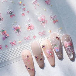 Cute Pink Strawberry Bowknot Star Lesbian Ribbon Fluttering Fruit Rhinestone Relief Adhesive Nail Art Stickers Manicure Decals (ONLINE ORDER ONLY)