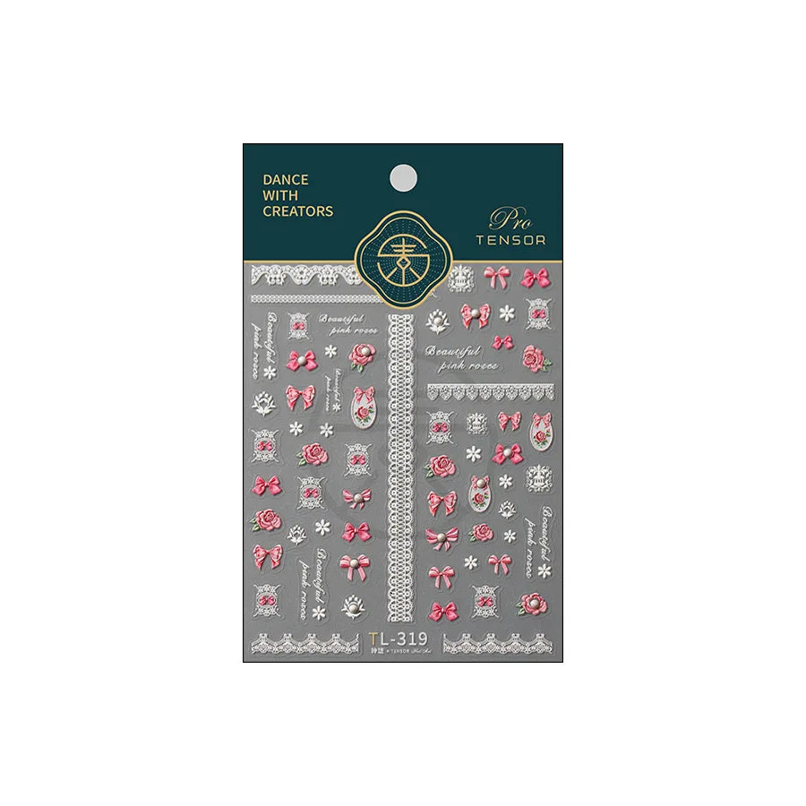 French Chic Mini Pink Rose Flower Bowknot Lace Ribbon Pearl White Little Flower Self Adhesive Nail Art Stickers Manicure Decals (ONLINE ORDER ONLY)