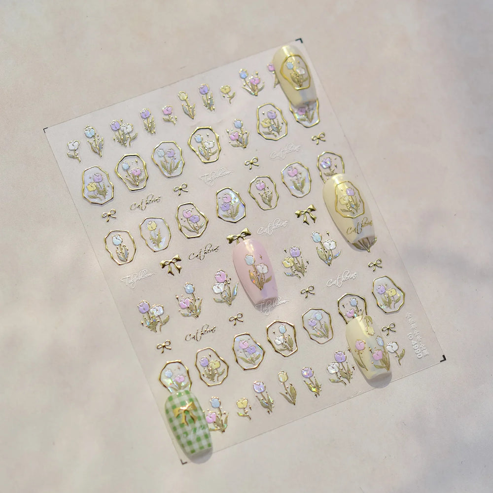 Golden Border Tulip Bloom Flower Bowknot Geometric Frame Metal Workmanship Charming Adhesive Nail Art Sticker Manicure Decals (ONLINE ORDER ONLY)