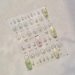 Golden Border Tulip Bloom Flower Bowknot Geometric Frame Metal Workmanship Charming Adhesive Nail Art Sticker Manicure Decals (ONLINE ORDER ONLY)