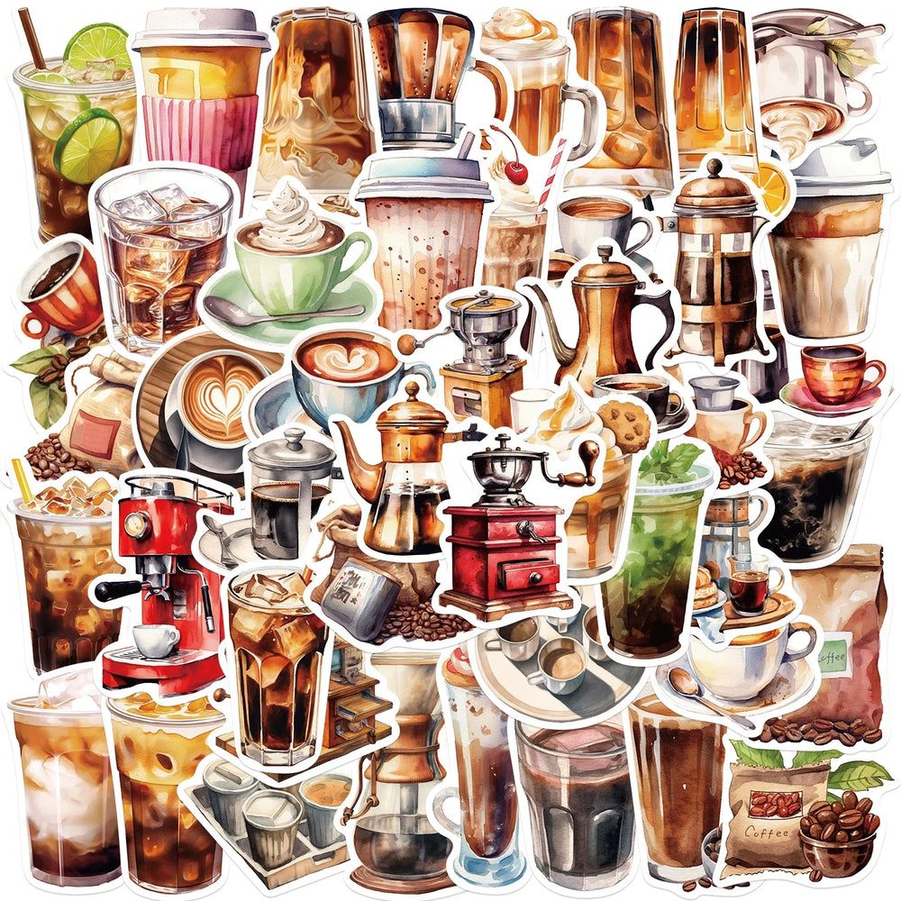 50pcs Cute Cartoon Coffee Lover Stickers Vinyl Laptop Decals For Luggage Water Bottle Notebook Phone Waterproof Graffiti﻿ (ONLINE ORDER ONLY)