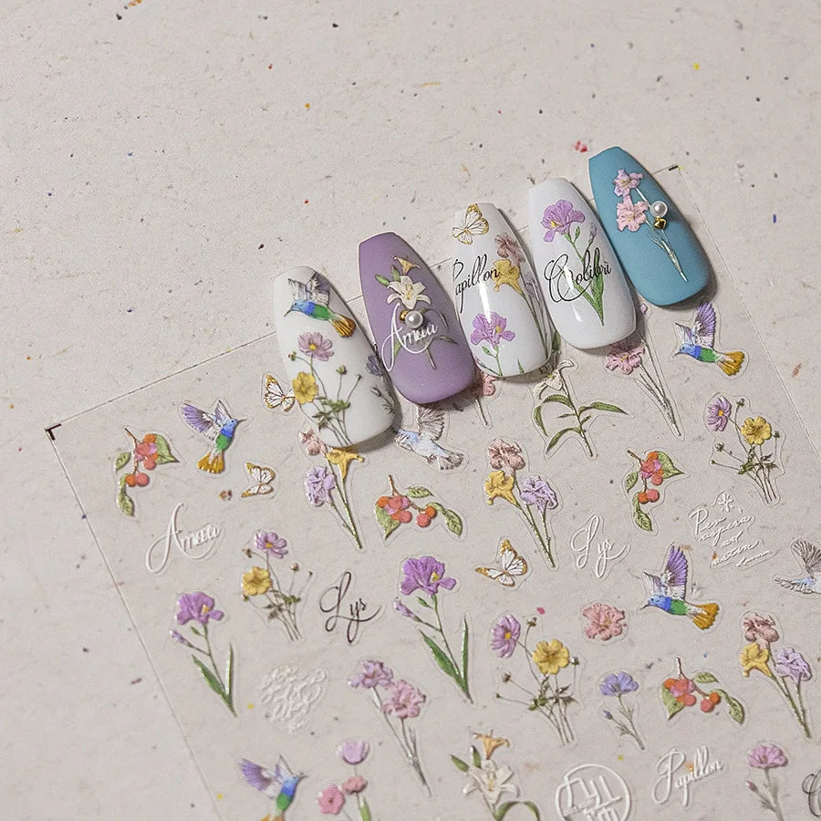 Hummingbird Iris Butterfly Peony Rose Tulip Daisy Lily Flowers Morning Glory Pearl Rhinestones Nail Art Sticker Decoration Decal (ONLINE ORDER ONLY)