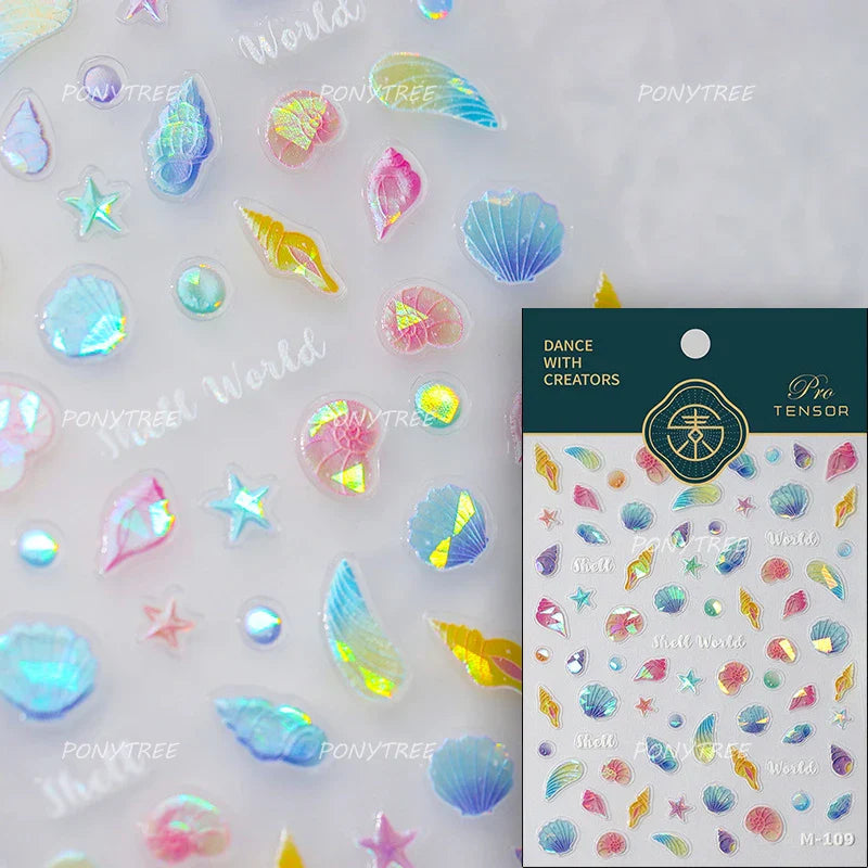 Romantic Mermaid Tail Water Bubbles Seahorse Shell Starfish Coral Pearl Pendant Self Adhesive Nail Art Stickers Manicure Decals (Online Order Only)