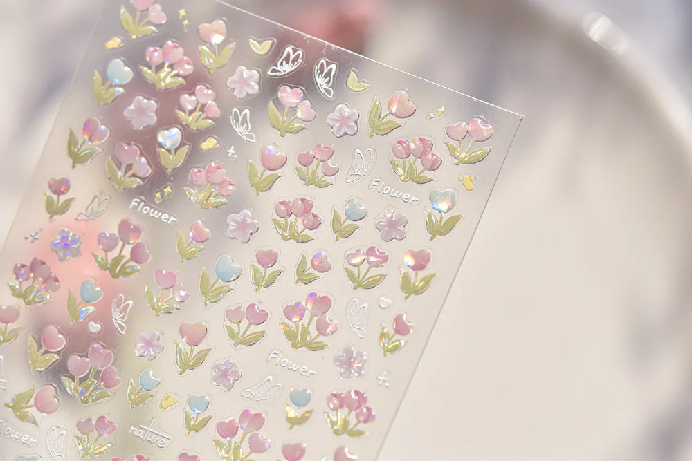 Cute  Pink Blue Nature Tulip Star Heart Butterfly Peach Blossom Jelly Embossed Relief Adhesive Nail Art Stickers Manicure Decals (ONLINE ORDER ONLY)