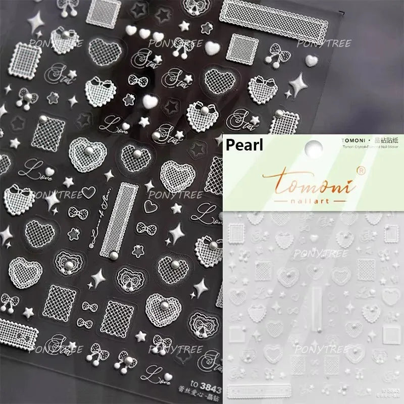 French Romantic Lace Flower Fabric Art Pearl Pendant Portrait Bowknot Textile Printing Delicate Nail Art Stickers Manicure Decal (ONLINE ORDER ONLY)