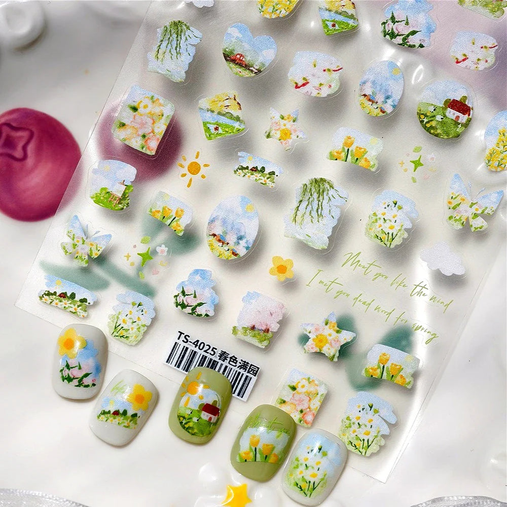 Painting Sketch Tulip Daisy Willows Scenery Daisy Colorful Flowers Sun Star Butterfly Wicker 3D Nail Art Stickers Manicure Decal (ONLINE ORDER ONLY)