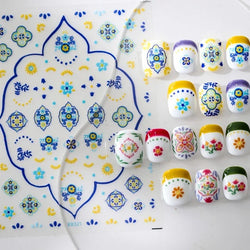 Pink Blue Yellow Embroidery Totems Geometric Floral Pattern Flower 5D Embossed Nail Art Stickers Bohemian Style Manicure Decals (ONLINE ORDER ONLY)
