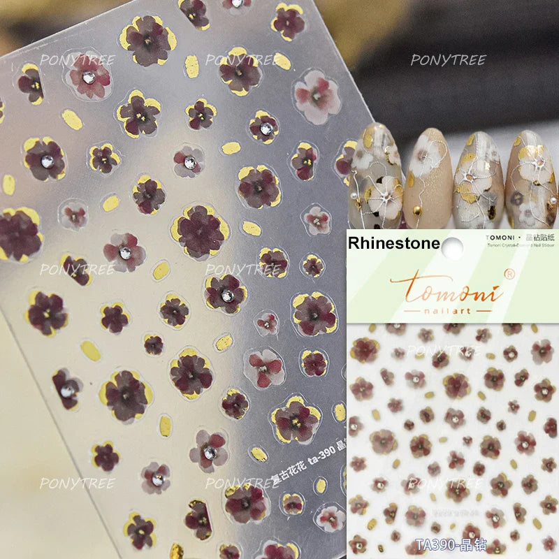 Retro Flowers Petal Pearl Rhinestones Halo Dyeing Chic Daisy Vintage Gold Foil  Floral Designs Nail Art Stickers Manicure Decals (ONLINE ORDER ONLY)
