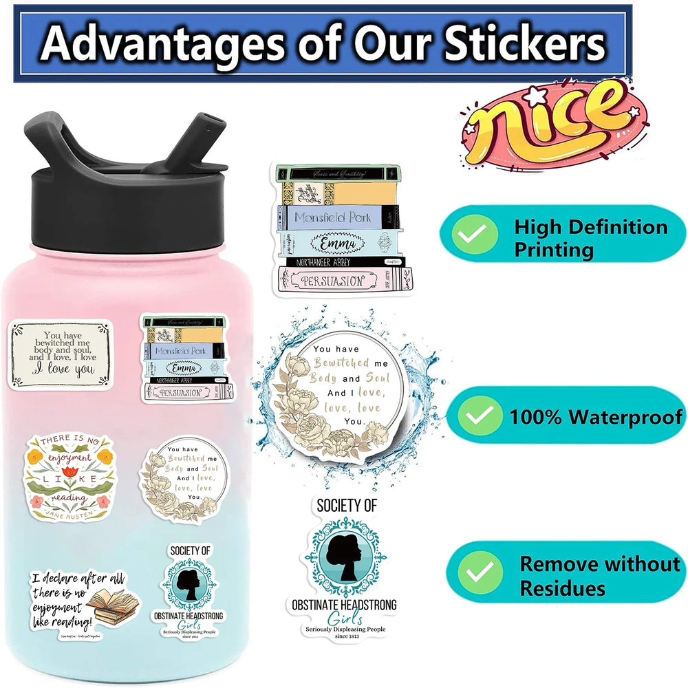 50pcs Novelist Jane Austen Stickers For Scrapbook Phone Laptop Suitcase Guitar Stationery Car Graffiti Sticker Novel Decals DIY (ONLINE ORDER ONLY)