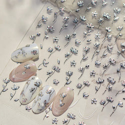 Mini Three Leaf Flower Magnolia Lotus Flower Stem Gradual Petal Line Arc Metal Sillver Delicate Nail Art Stickers Manicure Decal (Online Order Only)