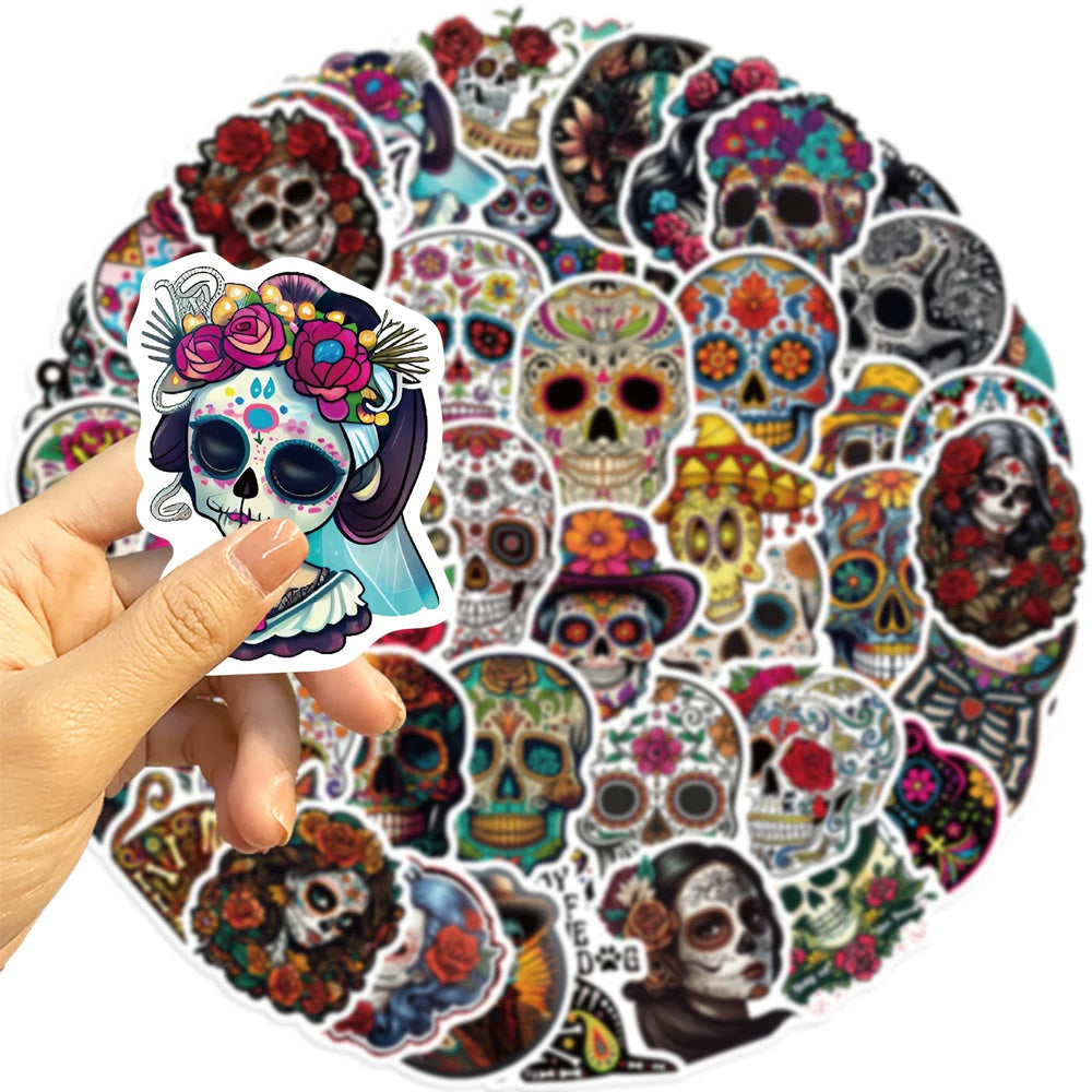 50pcs Mexican Day of the Dead Graffiti Sticker Skateboard Suitcase Guitar Kettle Deco Laptop Waterproof Phone Case Stickers (Online Order Only)
