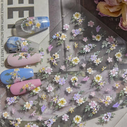 Flower Garden Purple Yellow Pink Daisy Butterfly Delicate 5D Soft Relief Adhesive Nail Art Decoration Sticker 3D Manicure Decals (ONLINE ORDER ONLY)