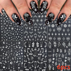 6pcs Mirror Silver Star 3D Nail Sticker Holographic Heart/Moon/Cross Design Self-Adhesive Decal Manicure Art Supplies Decoration (ONLINE ORDER ONLY)
