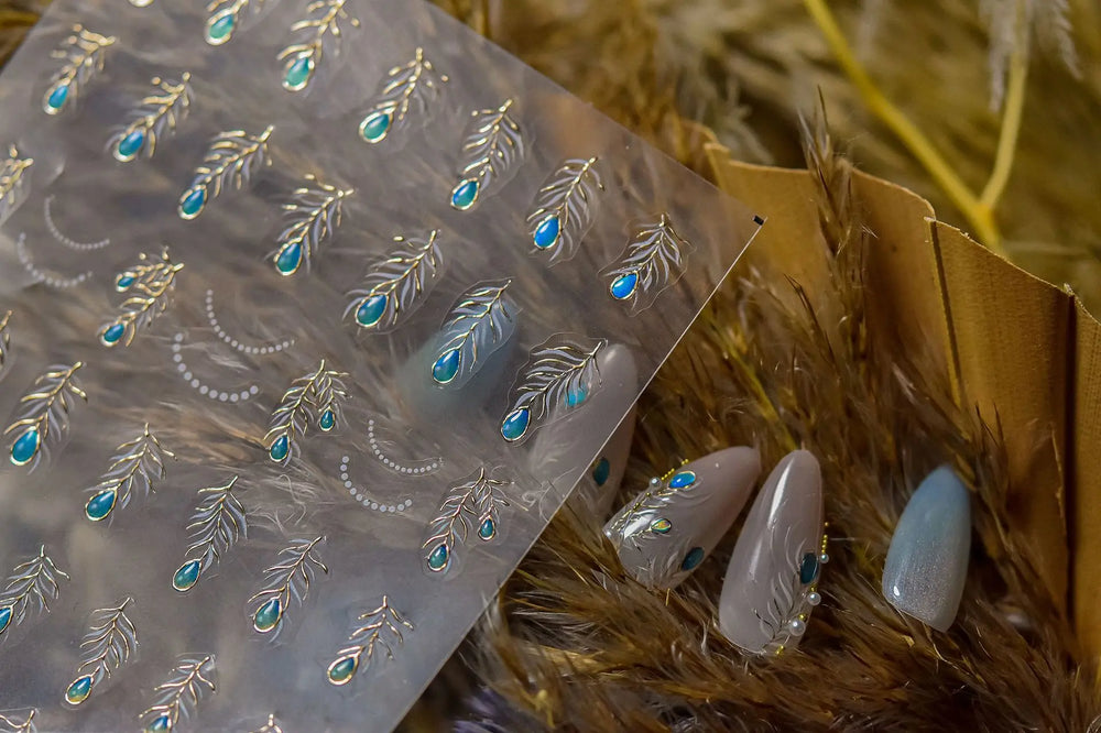 Charming Blue Sparrow Feather Rhinestone Wings Peacock Sparrow Dreamy Jelly Stars Self Adhesive Nail Art Stickers Manicure Decal (ONLINE ORDER ONLY)