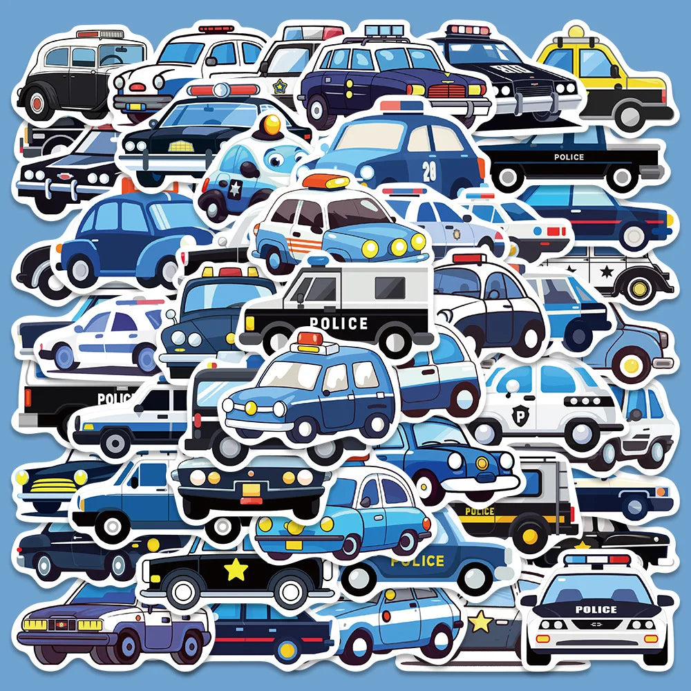 50Pcs Cartoon Police Car Stickers for Helmet, Wall, DIY Decoration (ONLINE ORDER ONLY)