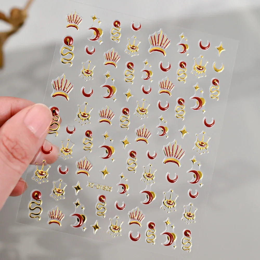 1pc Bohemian Valentine Nail Stickers 3D Self-Adhesive Fantasy Nail Art Glitter Sun, Heart, Lock, Star & Moon Designs Nail Decals (ONLINE ORDER ONLY)