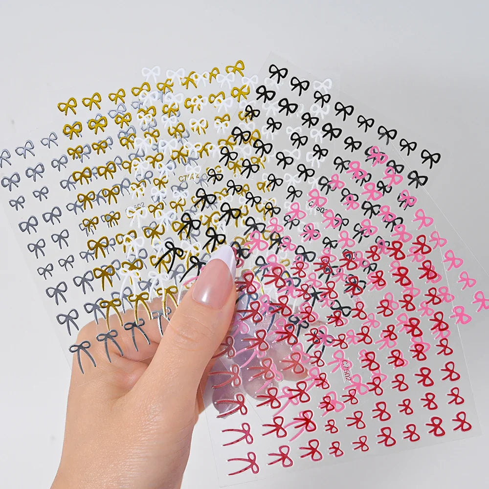 6pcs/Set Lovely Line Bowknot Nail Sticker Gold Silver Black White Pink Red Bow Tie Mini Bowknot 3D Self Adhesive Manicure Decals (ONLINE ORDER ONLY)