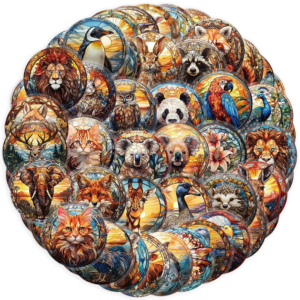 50PCS Stained Glass Gothic Animal Cartoon Sticker DIY Phone Laptop Luggage Skateboard Graffiti PET Decals Fun for Kid Toy (Online Order Only)