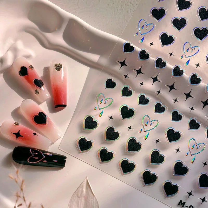 Black Punk Star Heart Laser Stroke Dark Wind Sexy Water Droplet Delicate Adhesive Nail Art Decorations Stickers Manicure Decals (ONLINE ORDER ONLY)