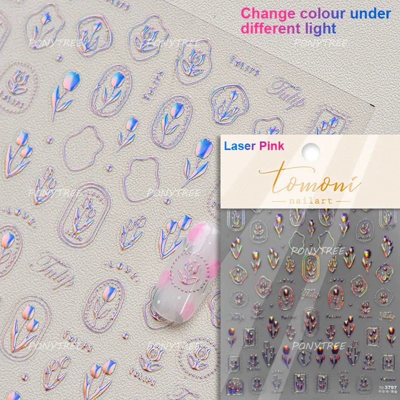 Golden Border Tulip Bloom Flower Bowknot Geometric Frame Metal Workmanship Charming Adhesive Nail Art Sticker Manicure Decals (ONLINE ORDER ONLY)